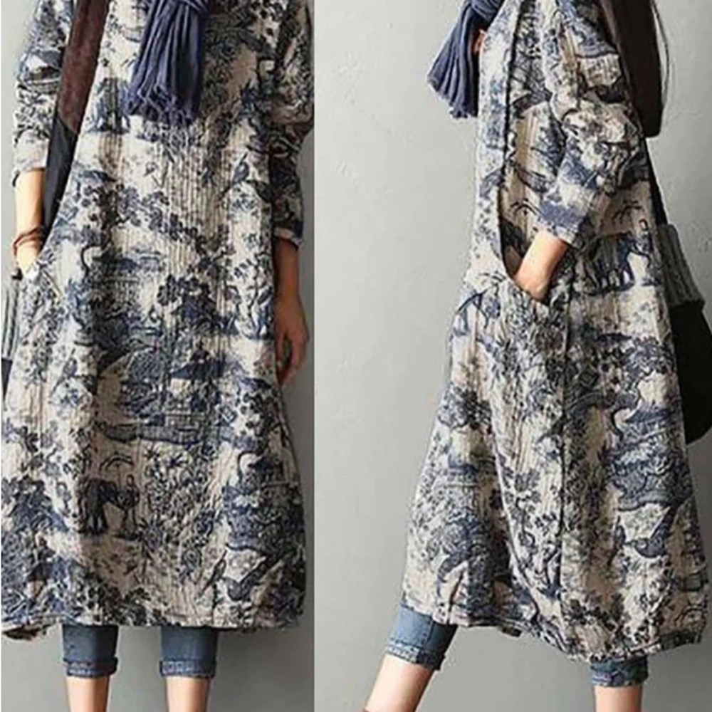 Buykud Floral/Toile Print Midi Dress Loose Fit/Women's OS fits Small/Medium
